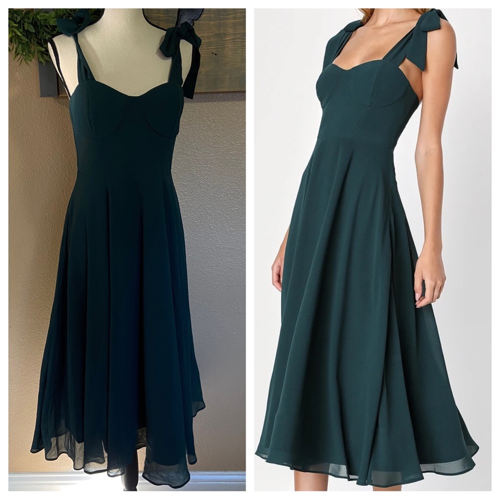 NWOT Lulus Sophisticated Charisma Dark Teal Tie-Strap A-Line Midi Dress